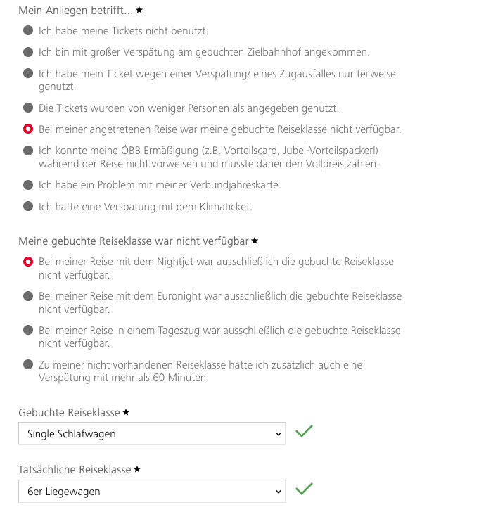 So sieht das Formular aus (wenn der Zug zu allem hinzu auch noch Verspätung hat, gibt's mehr Geld)