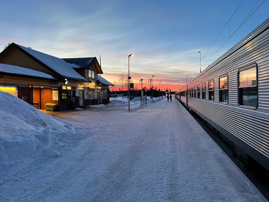 Night train 92 from Stockholm stops in Bastuträsk, Sweden.