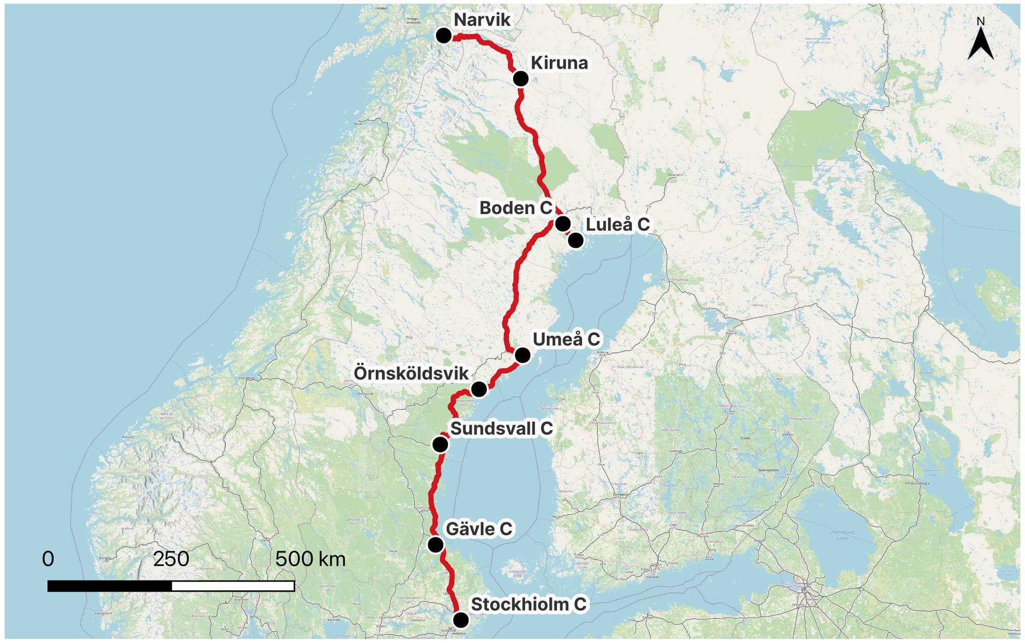 Von Stockholm nach Luleå (Schweden) und Narvik (Norwegen) über Boden (Schweden).