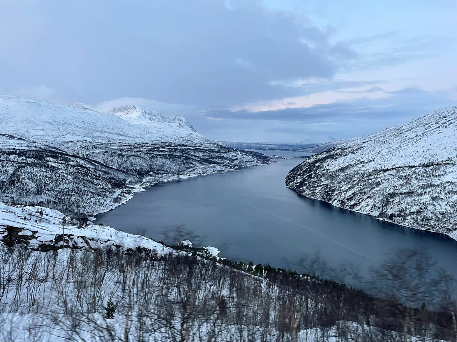 Der Fjord Rombaken aus dem Zugfenster in Norwegen, kurz vor der Endstation Narvik (Norwegen)
