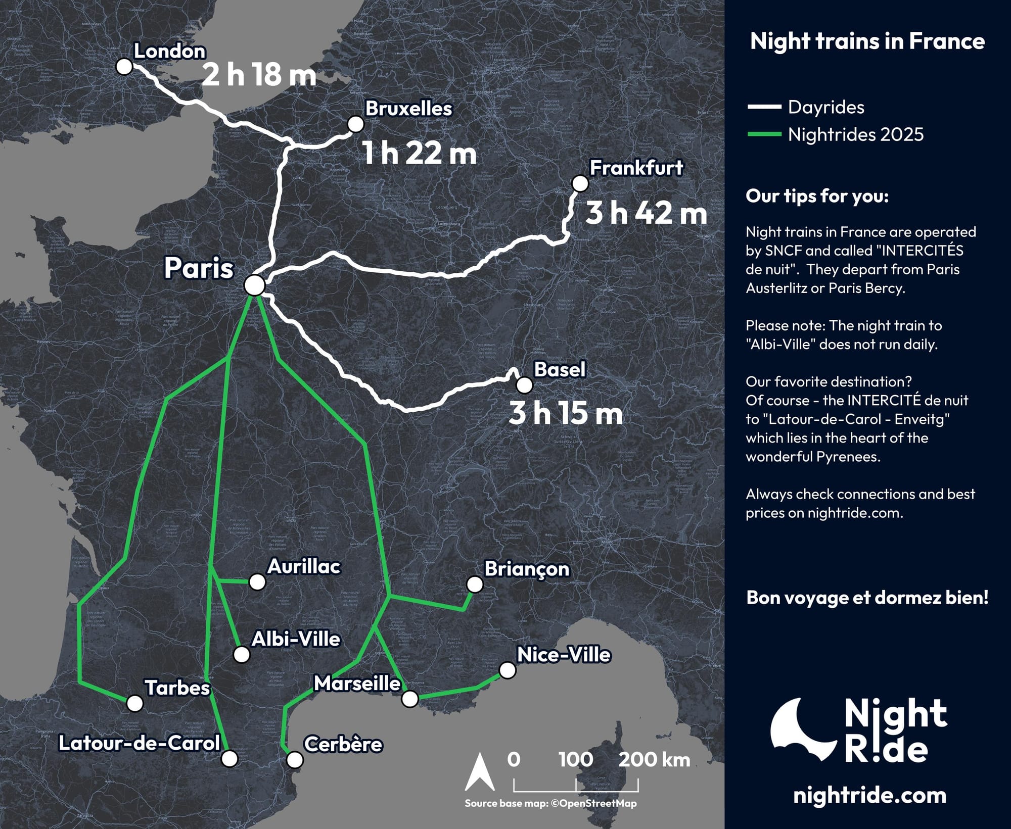Karte der Nachtzüge und Tagzüge nach Paris.