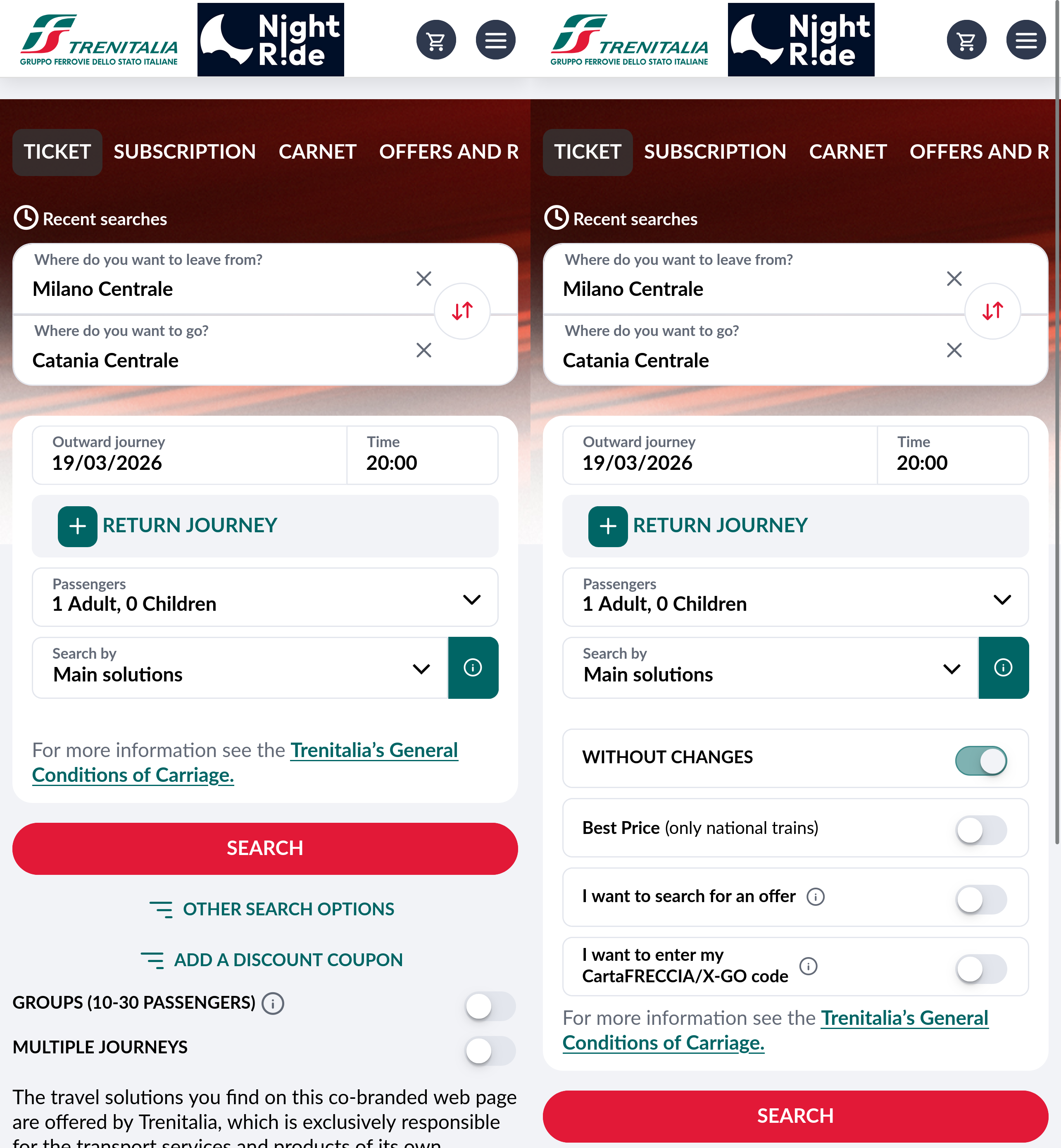 On the left, the initial view; on the right, the expanded search options