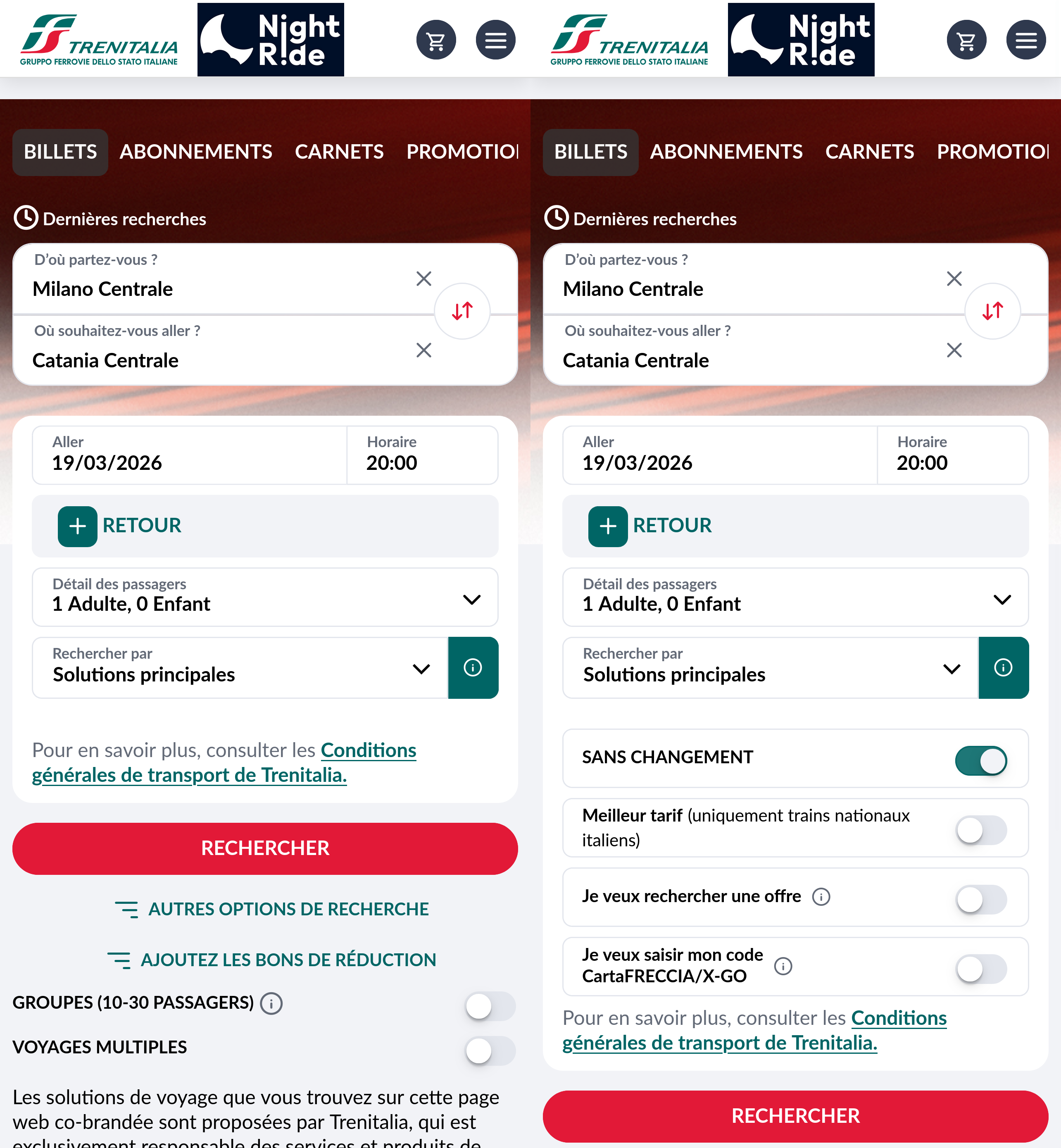 À gauche la vue initiale, à droite les options de recherche dépliées