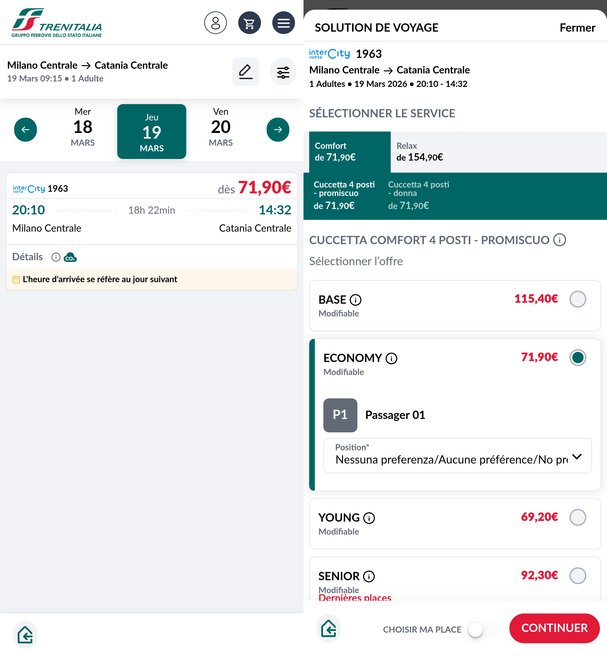 À gauche l'aperçu des liaisons, à droite la sélection de l'offre avec en haut la classe de confort et en bas le type de billet