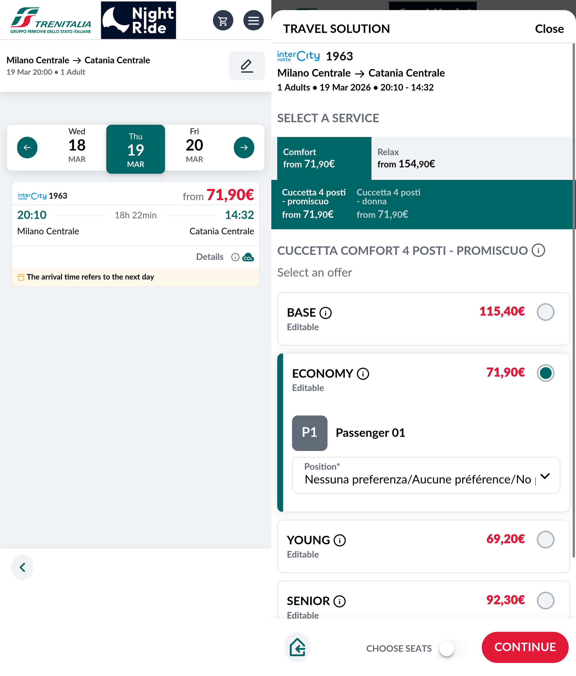 On the left, the connection overview; on the right, the offer selection with comfort class at the top and ticket type at the bottom