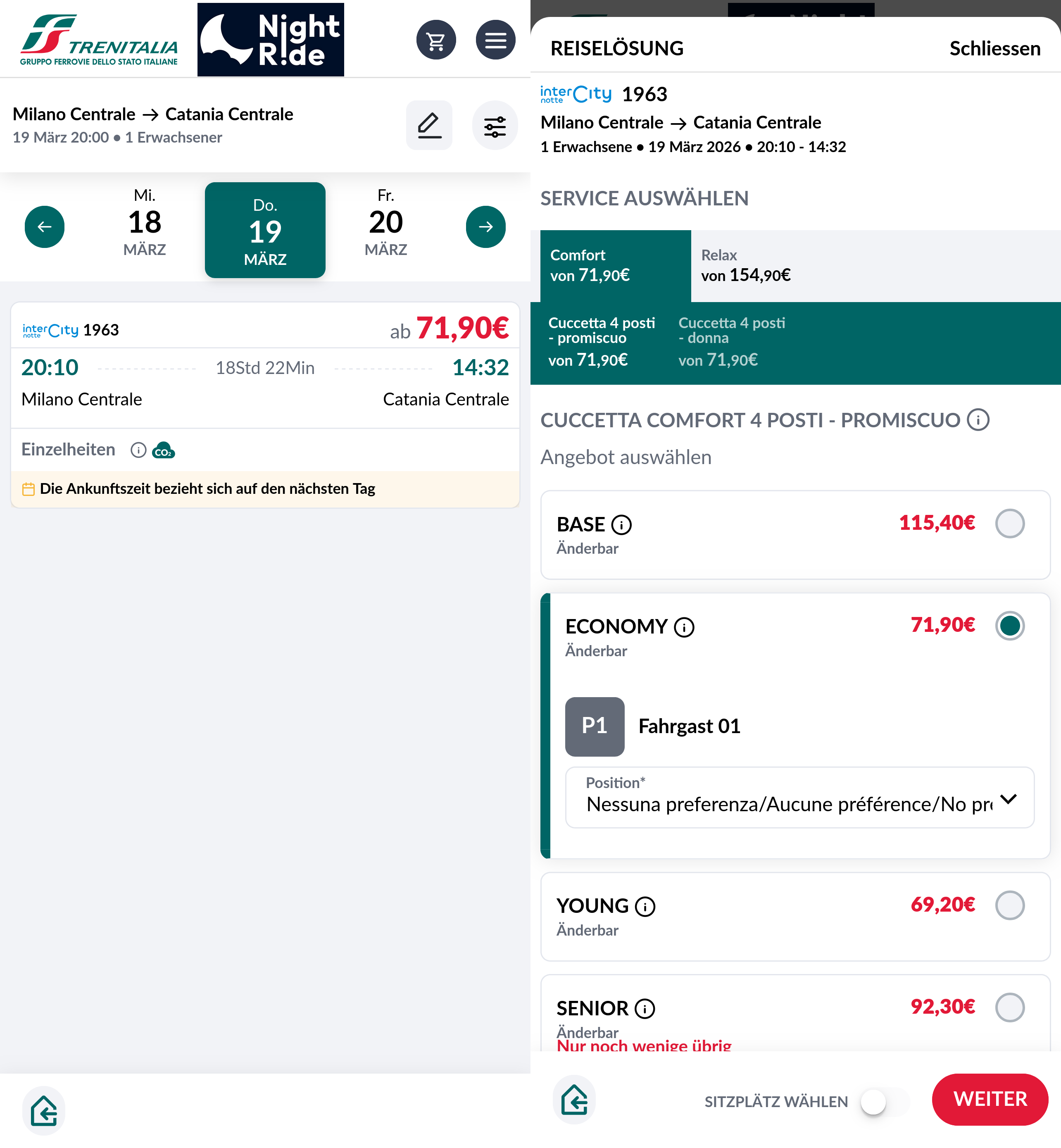 Links die Verbindungsübersicht, rechts die Komfortauswahl