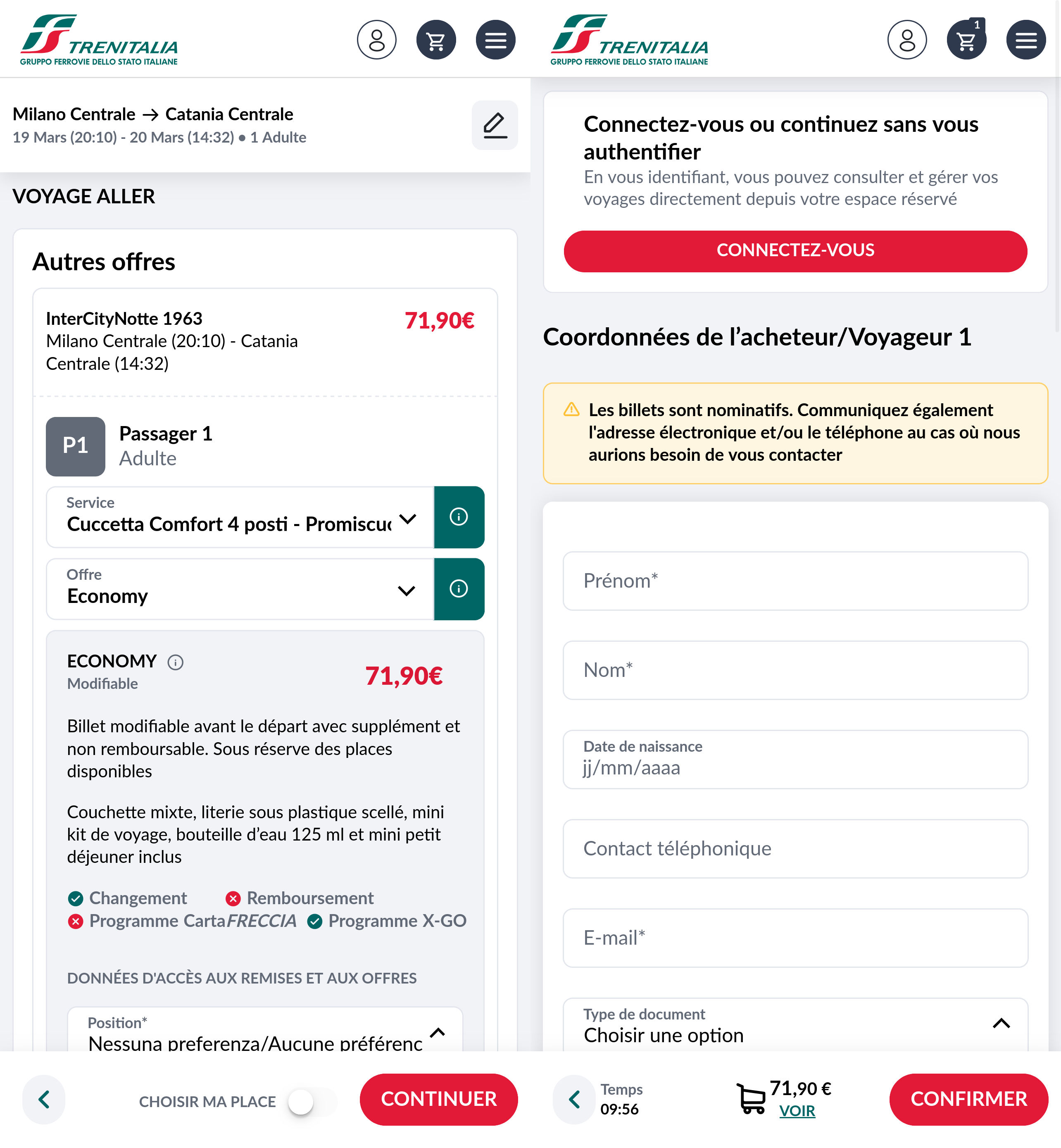 À gauche la vue alternative avec les autres offres, à droite la dernière étape pour l'achat