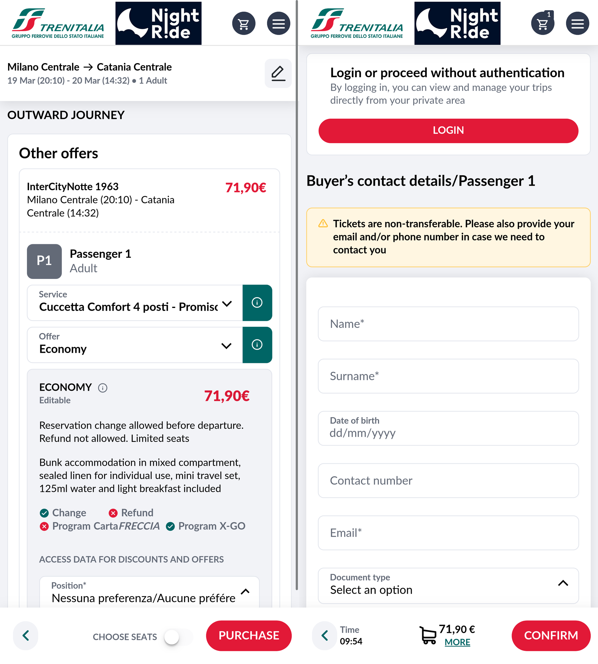 On the left, the alternative view with the other offers; on the right, the final step for purchasing