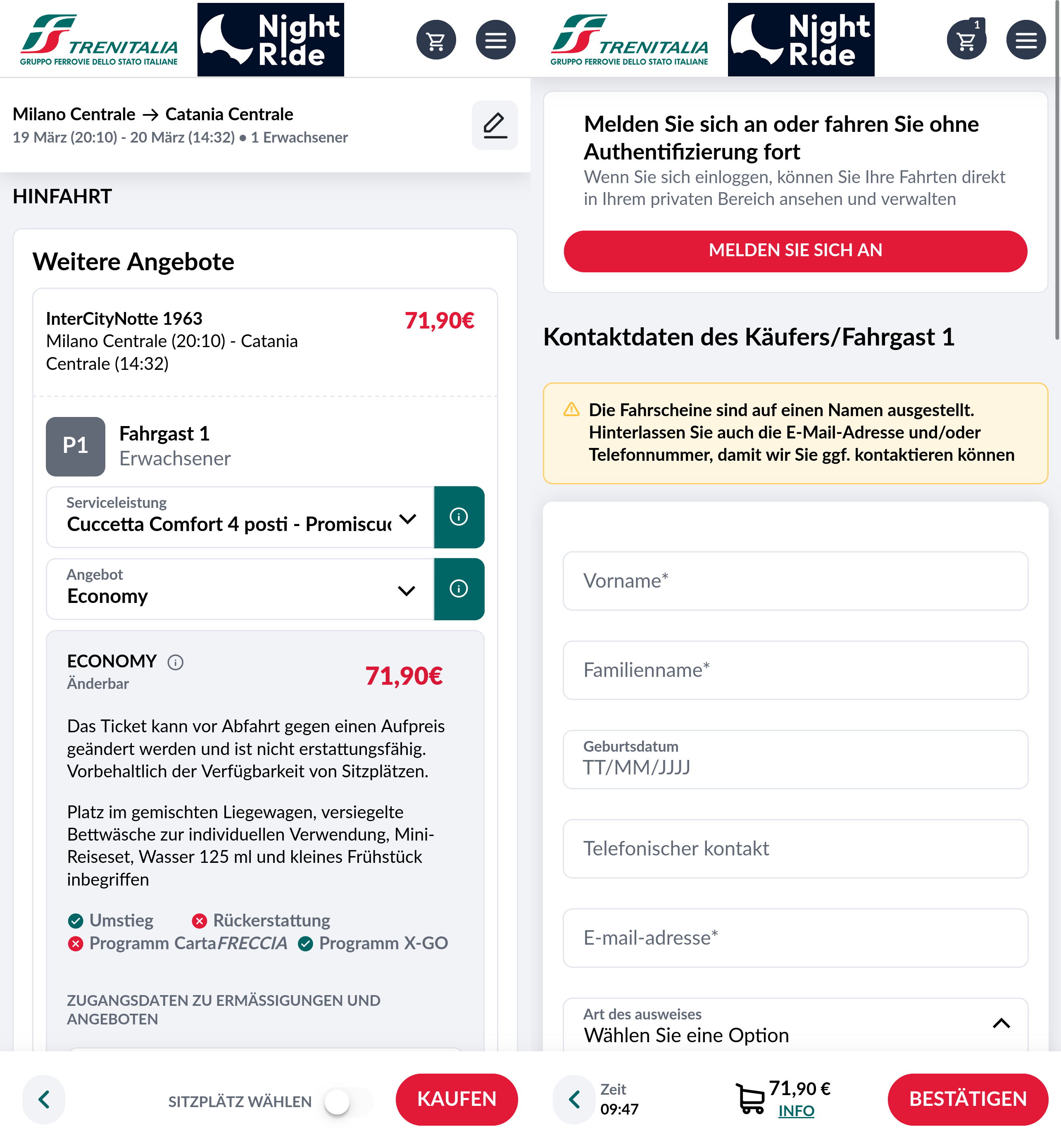 Links die alternative Ansicht mit den weiteren Angeboten, rechts der letzte Schritt für den Kauf