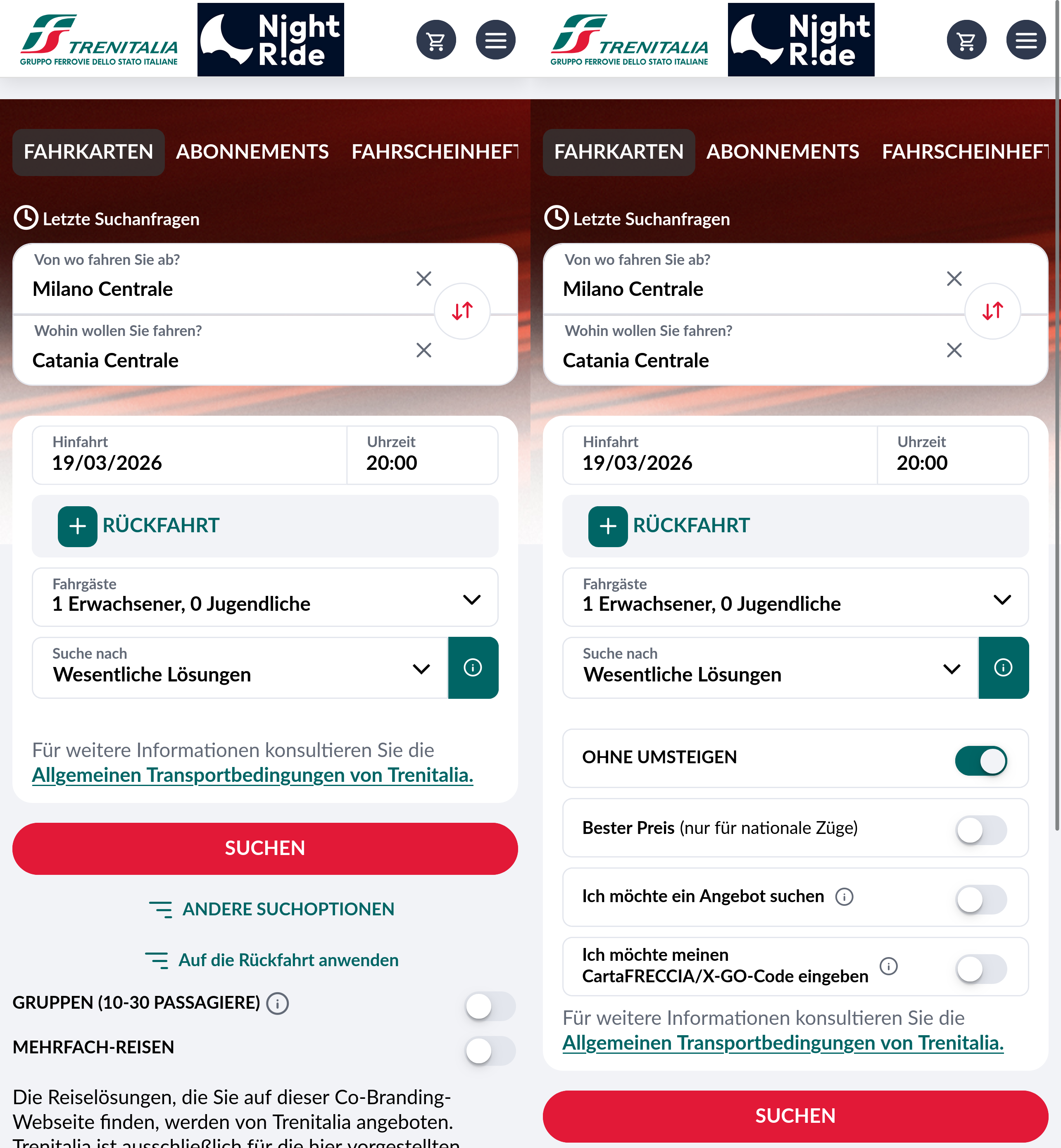 Links die Anfangsansicht, rechts die ausgeklappten Suchoptionen